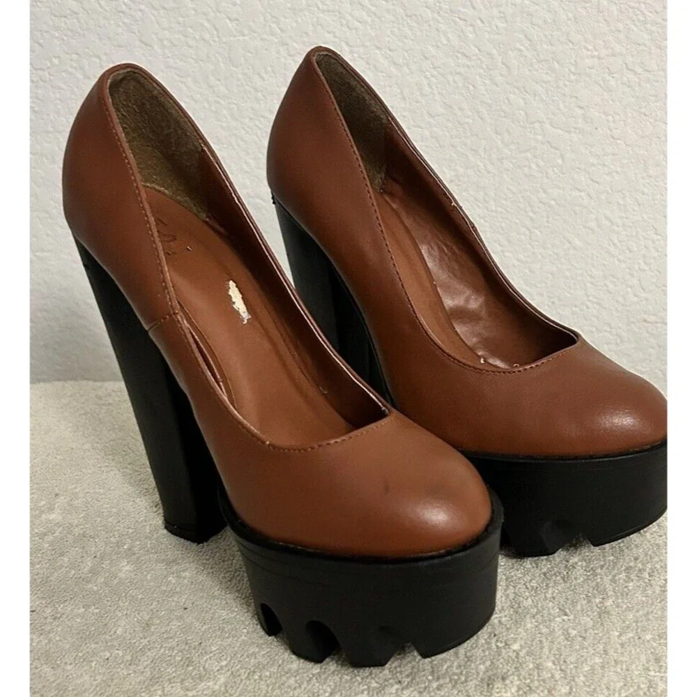 HRH Women's Platform Block High Heels Chunky Shoes Brown and Black Size 6 1/2